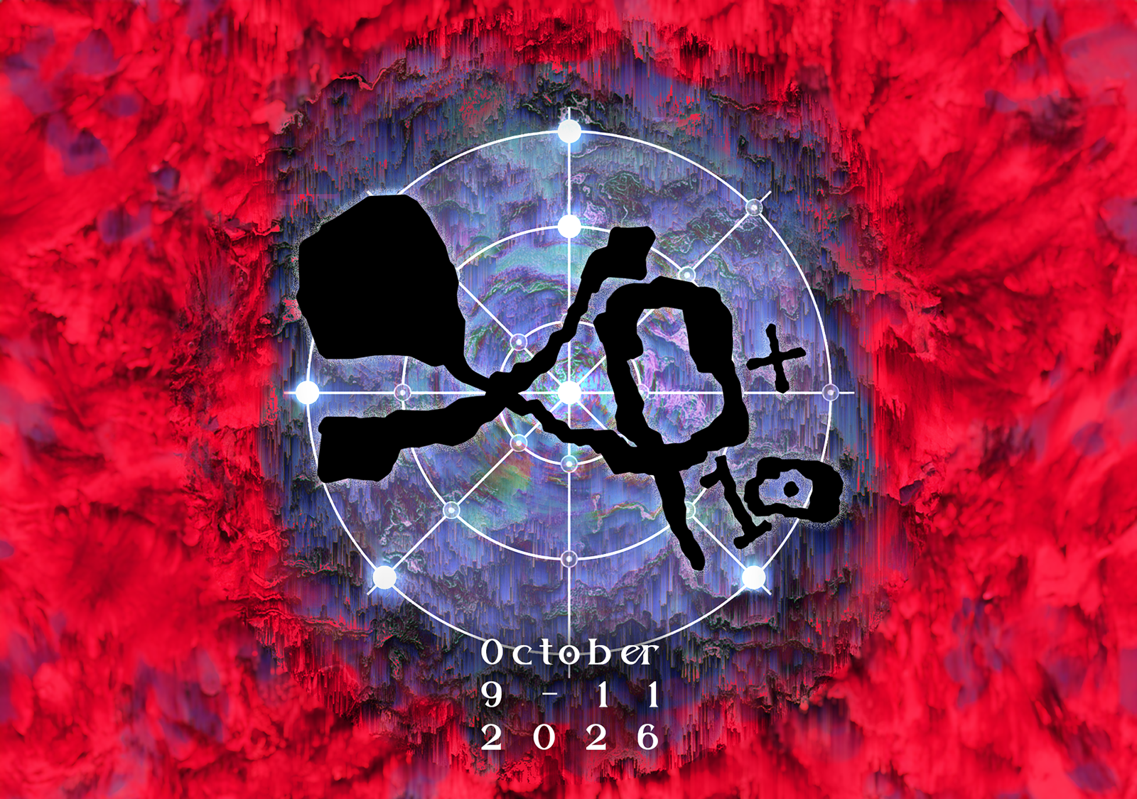 Abstract event poster with a vivid red, purple, blue, and teal textured background. Thin white concentric circles, intersecting radial lines, and glowing nodes form a diagram across the center, partially obscured by large irregular black hand-drawn letters that read 'XP+10'. At the bottom, white serif text reads 'October 9–11 2026'.