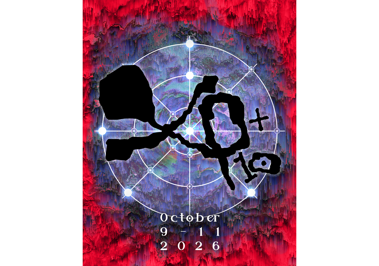 Abstract event poster with a vivid red, purple, blue, and teal textured background. Thin white concentric circles, intersecting radial lines, and glowing nodes form a diagram across the center, partially obscured by large irregular black hand-drawn letters that read 'XP+10'. At the bottom, white serif text reads 'October 9–11 2026'.