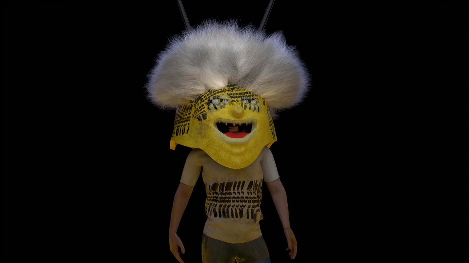 Whimsical CGI figure with oversized white fluffy hair and a yellow mask-like face, standing against a black background.