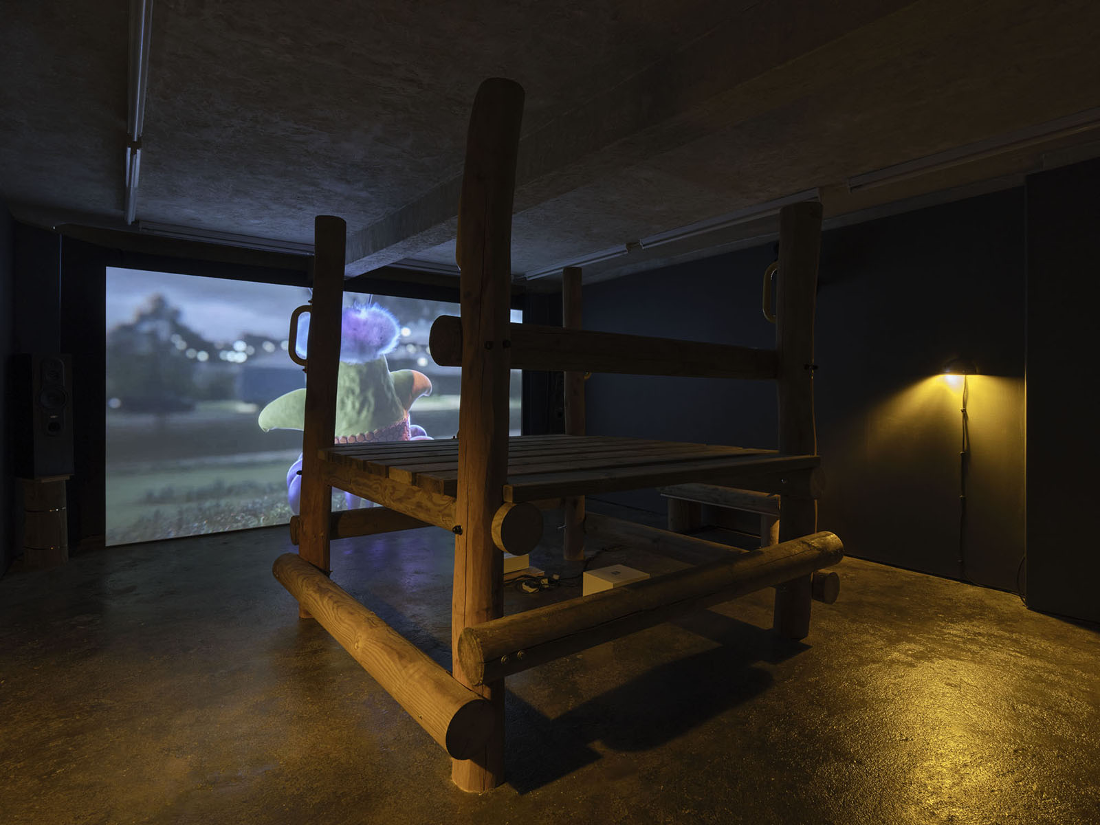 Dark gallery space with wooden bench-like structures facing a large video projection showing a colorful creature who stands outdoors at night, viewed from behind. It has a rounded yellow body with small outstretched arms, a purple skirt-like base with petal shapes, and a fuzzy pom-pom on top of its head 