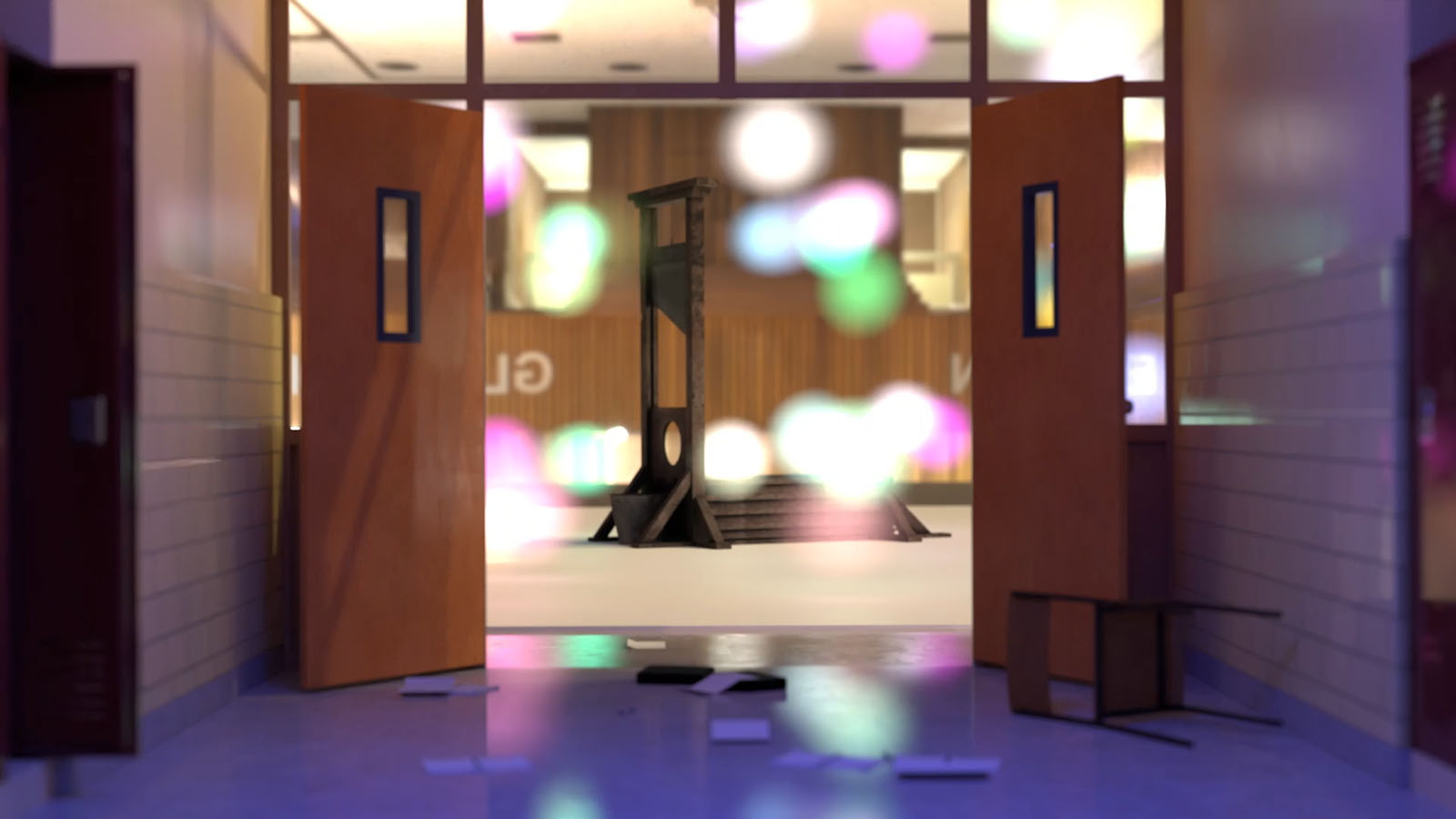 A CGI image showing a double doorway with the doors open. In the room through the doors is an old fashioned guillotine with multi-coloured blurred lights surrounding it
