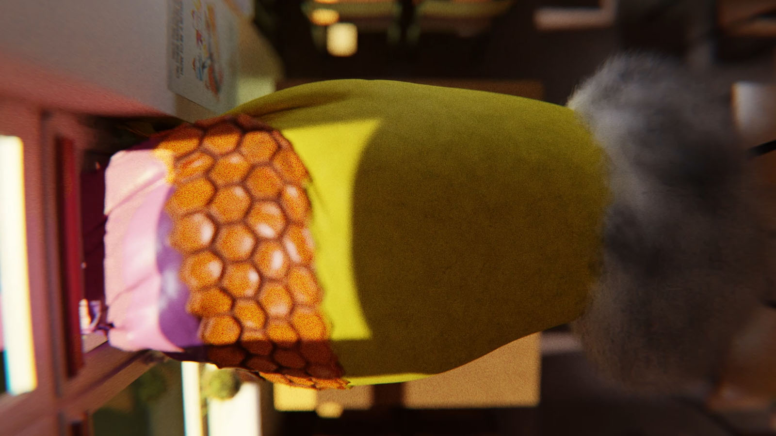 an abstract CGI image of a yellow blob, with a fluffy white end.  Stretched through a window opening horizontally, with a honeycomb orange stripe along it.